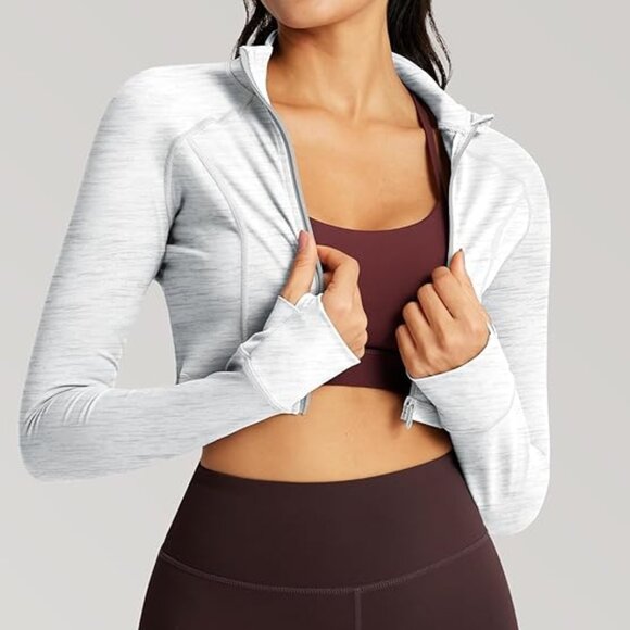 Fitted Cropped Zip Hoodie Jacket Thumb Holes Gray White L - Picture 9 of 12